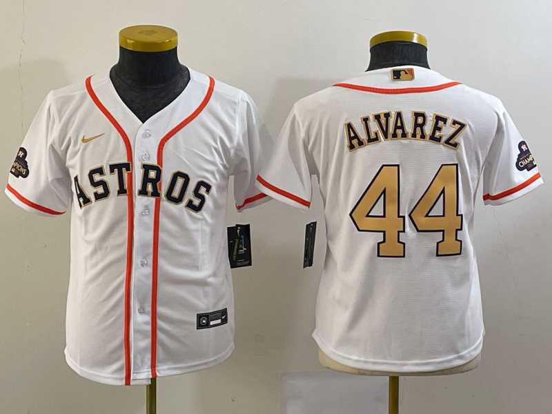 Youth Houston Astros #44 Yordan Alvarez 2023 White Gold World Serise Champions Patch Cool Base Stitched Jersey->mlb youth jerseys->MLB Jersey